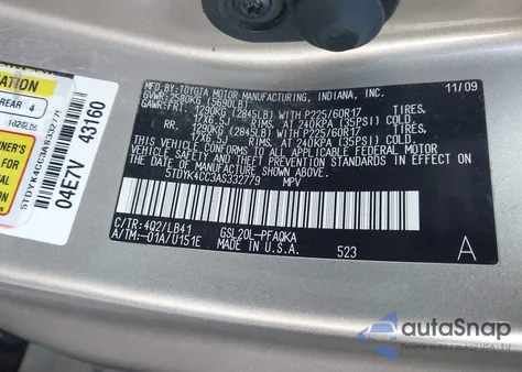 2010 Toyota Sienna Limited из США, поврежденный, VIN 5TDYK4CC3AS332779